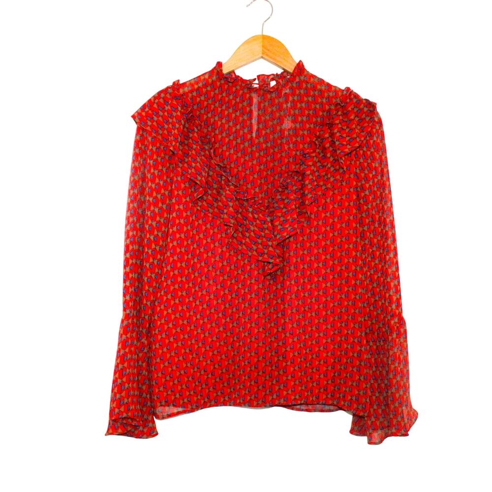 WAYF Long Sleeve Ruffle Blouse in Red